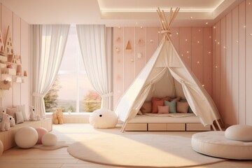 Fototapeta na wymiar Interior of a childrens room with a teepee. 3d rendering, Dreamy and modern kid's room interior with teepee, soft hues, AI Generated