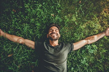 Happy young man lying on the grass in the park, smiling and enjoying nature, demonstrating a healthy and carefree lifestyle outdoors.