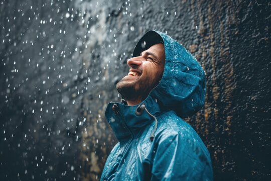 A happy man in a cloak and hood stands in the rain on a cloudy day.