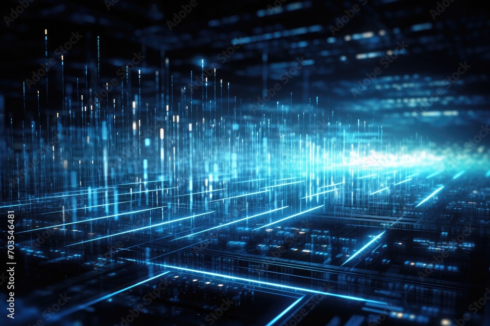 Poster futuristic technology background with glowing lines. 3d rendering, digital data transfer and process