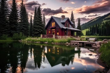 Luxury wooden house on the bank of a mountain lake, Emerald Lake in Crested Butte, Colorado, AI Generated - obrazy, fototapety, plakaty