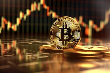 golden bitcoin on the background of the stock exchange. 3d illustration, Digital currency physical gold bitcoin coin showcased against a stock market chart background in a 3D rendering, AI Generated