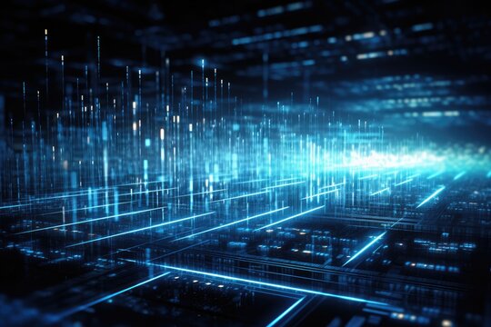 Futuristic technology background with glowing lines. 3D Rendering, Digital data transfer and processing over the Internet are represented in a futuristic technology style, AI Generated
