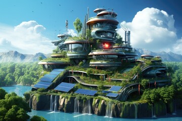 3D rendering of a spaceship in a futuristic landscape with solar panels, Eco alternative...