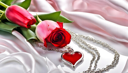 Long silver chain tied to 3d silver heart frame inlaid with big red topaz beside fresh red rose and tulip flowers on shiny white velvet