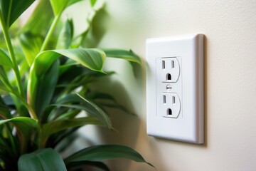 Electrical outlet on a white wall with green plant in the background, Electrical plug in outlet socket at home, AI Generated - obrazy, fototapety, plakaty