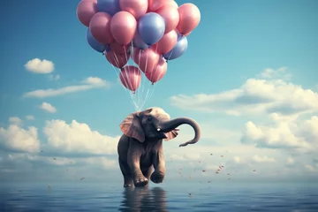 Rolgordijnen Elephant flying with colorful balloons. Mixed media. Mixed media. Mixed media, Elephant floating with balloons, AI Generated © Iftikhar alam