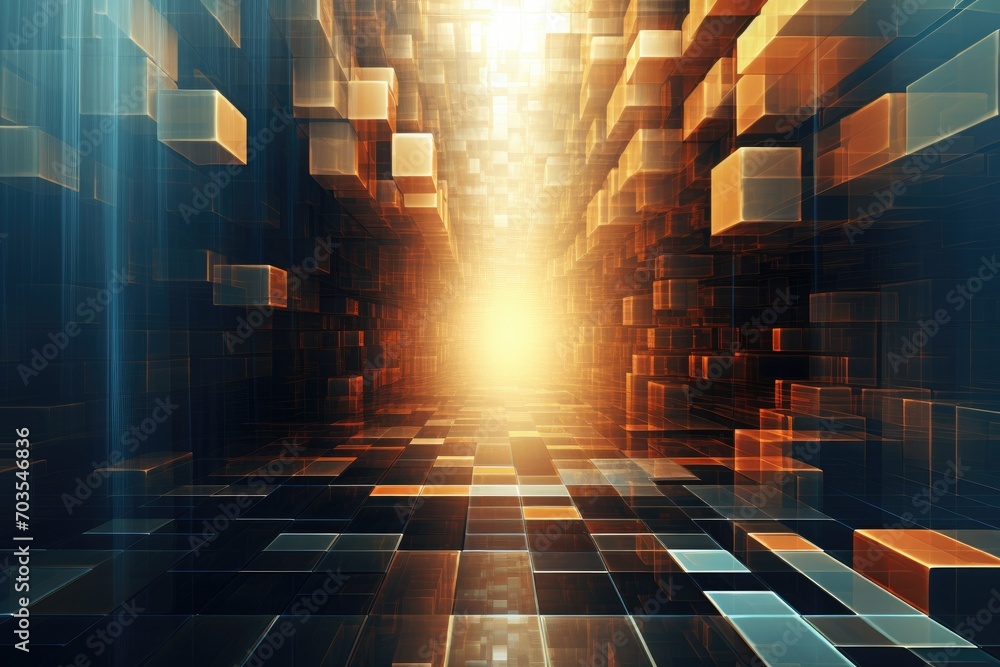 Poster abstract technology background with glowing squares and light effects. 3d rendering, digital abstrac