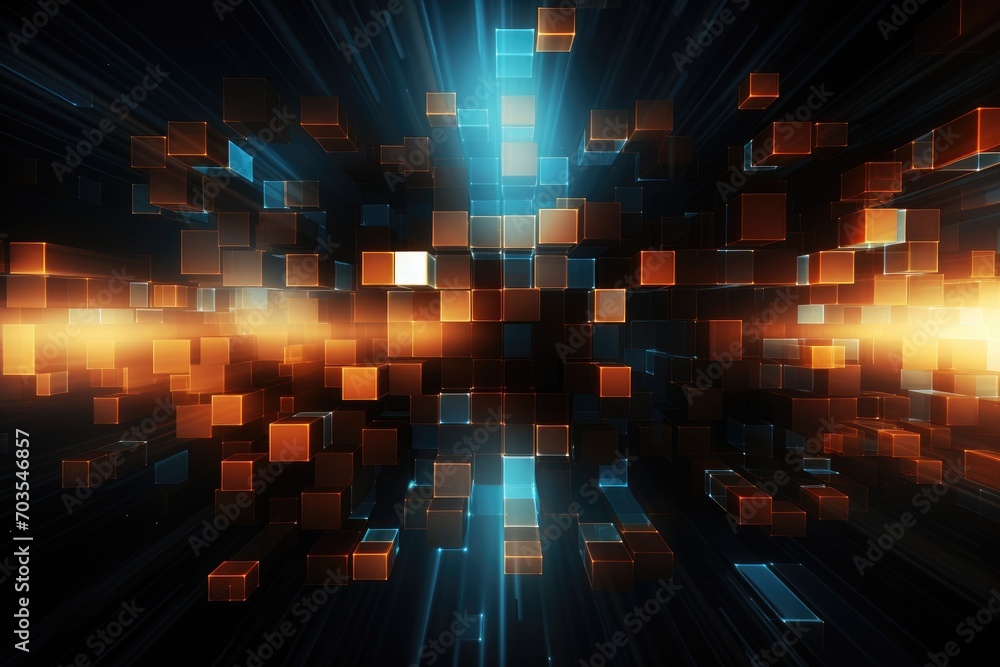 Poster abstract background with glowing squares, 3d render, computer generated image, digital abstract back