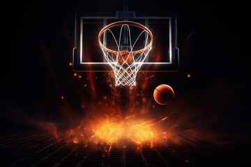 basketball ball and basket in fire, 3d illustration of sport background, AI Generated