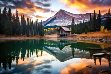Fototapeta premium Mountain lake at sunset, Yoho National Park, Alberta, Canada, AI Generated