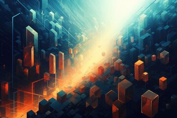 Futuristic abstract background with glowing cubes. 3D Rendering, Digital abstract background, AI Generated