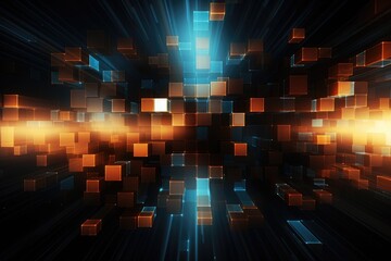 Abstract background with glowing squares, 3d render, computer generated image, Digital abstract background. Can be used for technological processes, AI Generated