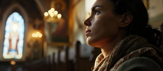 Devout Christian Woman Seeking Guidance and Solace in Church, Cinematic Camera Captures Her and Painting of Jesus - obrazy, fototapety, plakaty