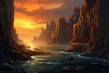 Fantasy landscape with sunset over the sea. 3d illustration, Dramatic, rugged cliffs against an ocean sunset, AI Generated