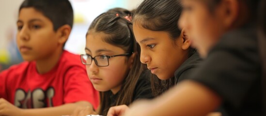 Fototapeta premium Latino students at academy, discussing test, eager to learn, focused