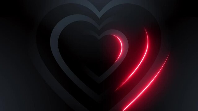 Abstract background animation with heart shape, glowing animated lines in red neon colors, futuristic 3D animation, 4K