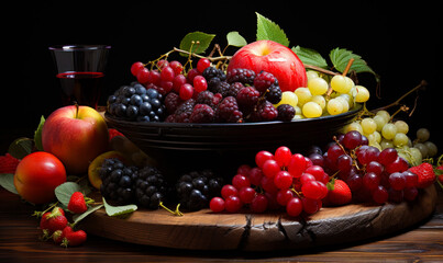 An old wooden plate with fruits. A vibrant array of succulent fruits adorn a beautifully weathered wooden table, exuding natural freshness and wholesome vitality.