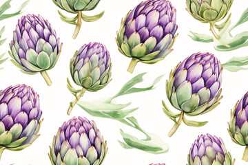 Seamless watercolor pattern with artichoke on white background. Design for textile, wallpaper, wrapping paper. Illustration in vegetarian cookbook or culinary guide.