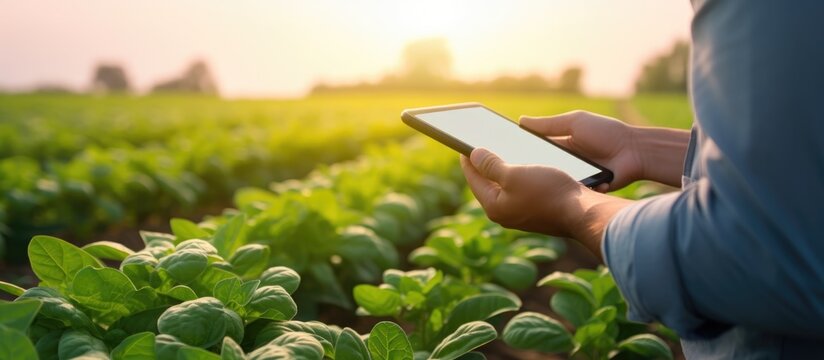 Image, ecological person using mobile app to monitor plant growth on a farm for sustainable digital farming.