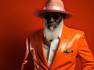 portrait of the good looking black man with hat in leather suit