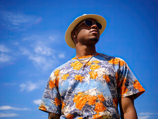 caribean man in hat looking at blue sky 