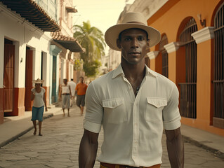 portrait of the good looking black man with hat in Cuba in the street
