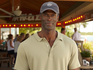 portrait of an island  man in a restaurant by the beach 