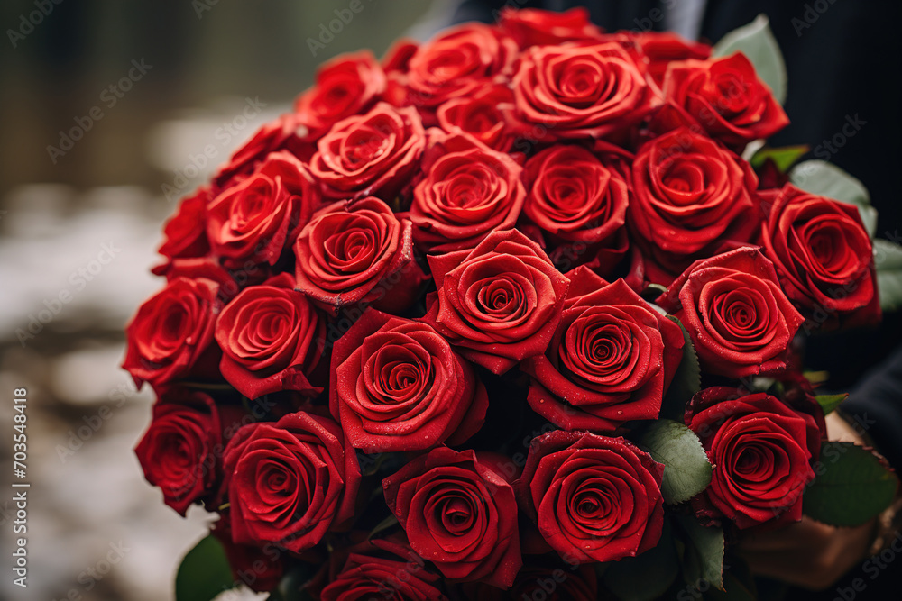 Wall mural huge beautiful bouquet of red roses in the male hands