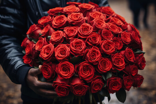 large bouquet of red roses in the hands of a man