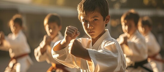Karate stance by accomplished diverse youth. - obrazy, fototapety, plakaty