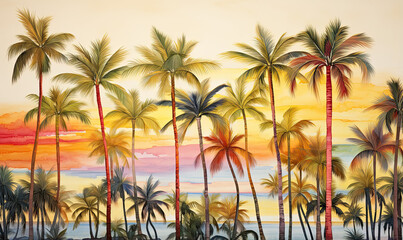Fototapeta na wymiar water color of coconut trees on the beach