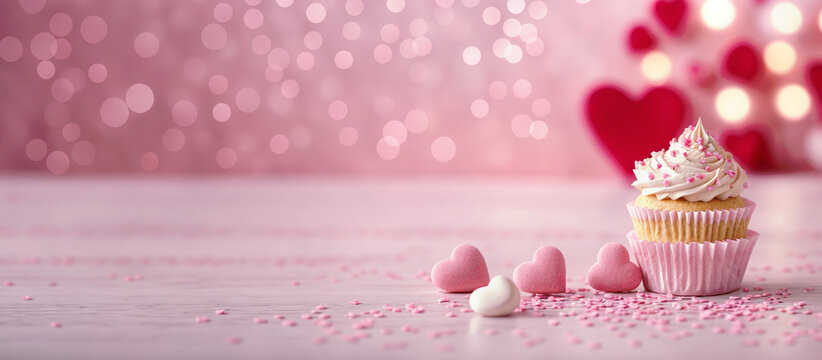 Cute cupcakes with sprinkles and hearts on table, on pastel pink panoramic background, lights bokeh. Banner, header for valentine's day, mother's day, women's day, bakery, confectionery. Generative AI