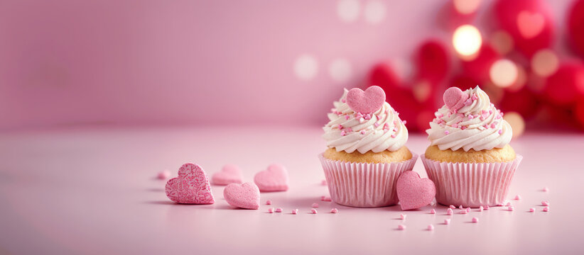 Cute cupcakes with sprinkles and hearts on table, on pastel pink panoramic background, lights bokeh. Banner, header for valentine's day, mother's day, women's day, bakery, confectionery. Generative AI