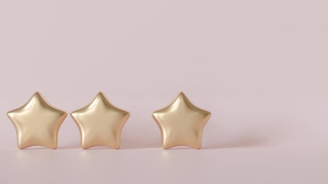 Five golden stars on beige background with copy space for text. Ideal for representing top ratings, exceptional quality, superior achievements. High level of service, hotels, restaurants ranking. 3D.
