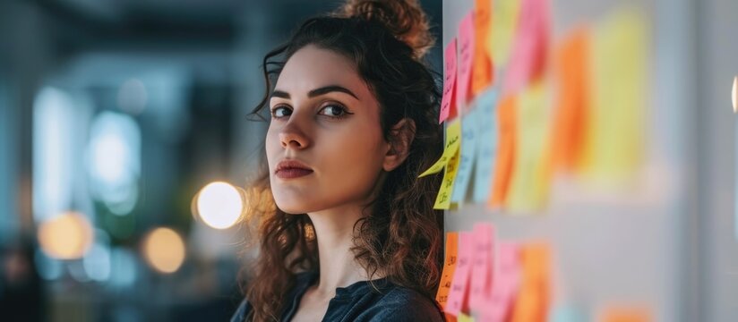 Agile Project Management In The Office, Young Businesswoman Planning Product Development With Sticky Stickers On The Board.