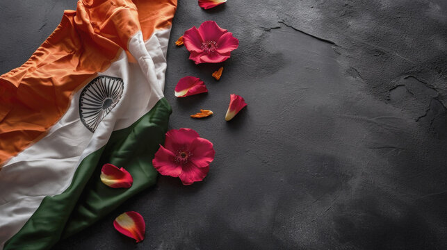 Indian Independence Day. India flag on black stone background with rose flowers.