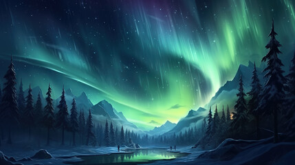 Fantasy landscape with aurora borealis in the night sky illustration - obrazy, fototapety, plakaty