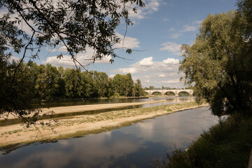 Pont Wilson bridge over diminished river Loire in rural France city Tours. fresh waterway has dried...