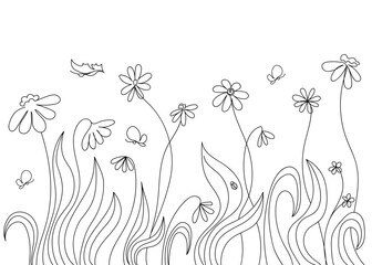 Abstract meadow of wild flowers and butterflyes doodle art. Botanical sketch. Creative vector illustration in minimalist style.