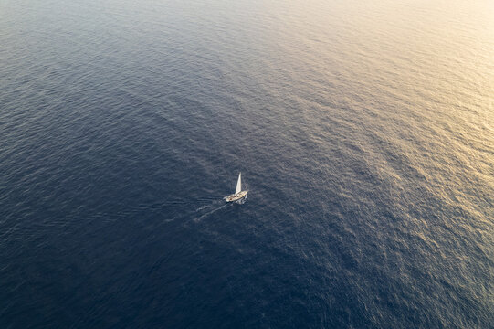 Aerial view of sailboat on Atlantic ocean