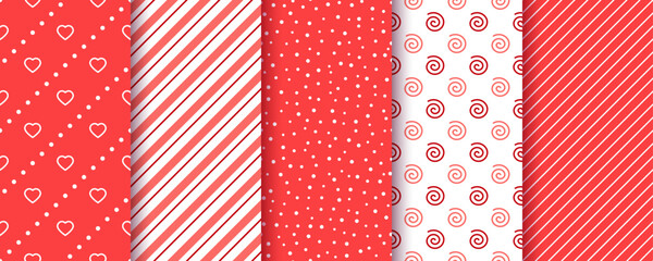 Valentine's day seamless pattern. Red backgrounds. Love textures with heart, dots, stripes and spirals. Cute romantic prints. Set retro wrapping papers. Holiday romance backdrops. Vector illustration