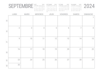 Calendrier Septembre 2024 Mensuel Planificateur avec Numero de Semaine à imprimer A4 - obrazy, fototapety, plakaty
