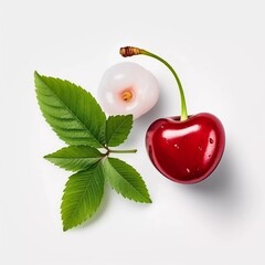 Top view of sweet and fresh cherry and red strawberry on white background, AI generator