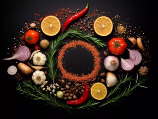 Fototapeta na wymiar Nutrition background Onion rings, pepper, rosemary and garlic, AI generator