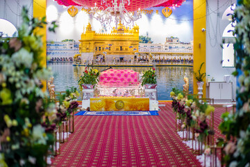 Indian Punjabi Sikh temple gurudwara interiors, decorations and ritual items