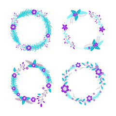 Floral frames. Round, oval, triangle, square Borders decorated with hand drawn delicate flowers, branches, leaves, blossom. Stock illustration.