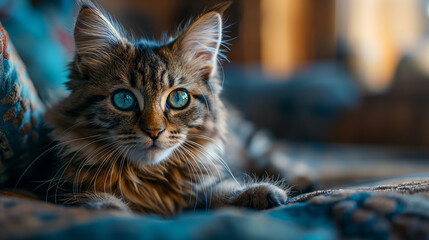  A portrait of an adorable fluffy kitten, butterfly resting on its nose, emerald eyes focused