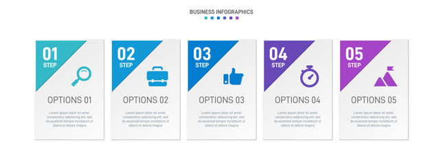 Timeline infographic with infochart. Modern presentation template with 5 spets for business process. Website template on white background for concept modern design. Horizontal layout.