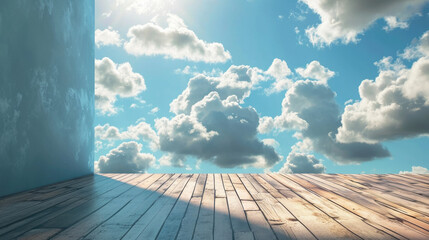 Room with blue clouds and wooden floor generative ai